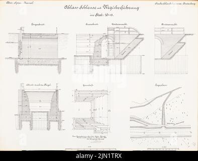 N.N., Ablassschleuse im oder-Spree-Kanal auf der Strecke zwischen Schlaubehammer und Fürstenberg/OR (12,1889): Stat. 10 + 13: Lageplan, Ansichten, Lageplan, Schnitte 1:50, 1: 1000. Lithographie auf Papier, 49,4 x 64,9 cm (einschließlich Scankanten) N.N. : Oder-Spree-Kanal. Ablassschleuse auf der Strecke zwischen Schlaubehammer und Fürstenberg/oder Stockfoto