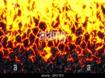 Realistische Lavaflamme auf schwarzem Aschegrund. Textur der geschmolzenen Magmaoberfläche Stockfoto