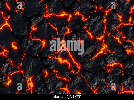 Realistische Lavaflamme auf schwarzem Aschegrund. Textur der geschmolzenen Magmaoberfläche Stockfoto