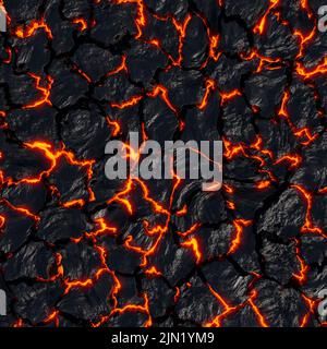 Realistische Lavaflamme auf schwarzem Aschegrund. Textur der geschmolzenen Magmaoberfläche Stockfoto