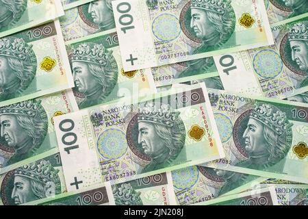 Hintergrund aus dem Geld. Polnische Banknoten. 100 Zloty Stockfoto