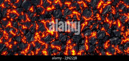 Realistische Lavaflamme auf schwarzem Aschegrund. Textur der geschmolzenen Magmaoberfläche Stockfoto