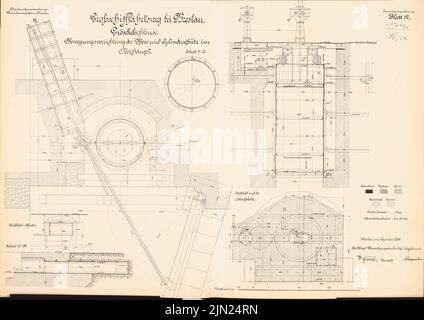 N.N., Großschiffahrtsweg, Breslau. Großy Schloss: Bewegungseinrichtung der Tore und Zylinder schießen in den Kopf: Überwachung, Schnitte 1:20. Lithographie auf Karton, 50 x 70,6 cm (inklusive Scankanten) Stockfoto