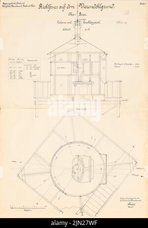 N.N., Oberfeuer auf dem Vierendfuß, barhöft: Oberfeuer, Laterne mit Beleuchtungseinrichtung: Schnitt, Grundriß 1:10. Lithographie auf Papier, 98,7 x 67 cm (einschließlich Scankanten) Stockfoto