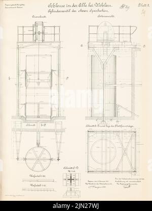N.N., Schleuse im All, Wehlau: Zylinderventil des oberen Sparpools: Ansicht, Schnitte 1:20, 1:10. Lithographie auf Karton, 63,7 x 48,5 cm (inklusive Scankanten) Stockfoto