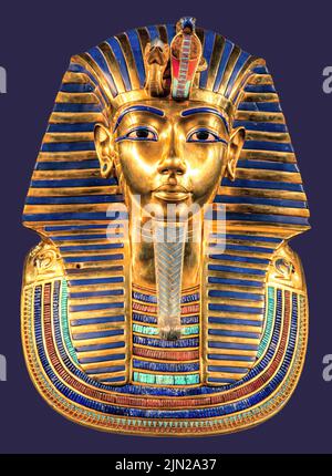 Die Totenmaske des ägyptischen pharao Tutanchamun auf blauem Hintergrund. King Tut Stockfoto