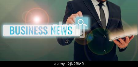 Inspiration zeigt Zeichen Business News. Geschäftsansatz Handelsmitteilung Handelsbericht Marktaktualisierung Corporate Insight Businessman Holding Tablet Stockfoto