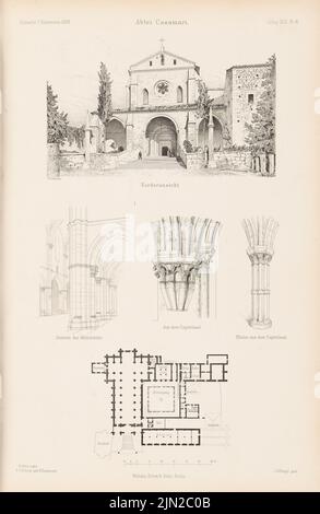 Schulze Friedrich Otto (1846-1892), Abtei Casamari, Veroli. (Aus: Atlas zur Zeitschrift für Bauwesen, Hrsg. v. Ministerium für öffentliche Arbeit, Jg. 42, 1892): Perspektivische Ansicht, perspektivische Innenansicht, Grundriß, Details. Stich auf Papier, 43 x 28 cm (einschließlich Scankanten) Stockfoto