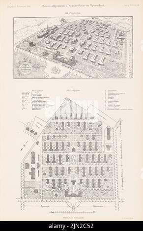 N.N., Neues Allgemeinkrankenhaus, Hamburg-Eppendorf. (Aus: Atlas zur Zeitschrift für Bauwesen, Hrsg. v. Ministerium für öffentliche Arbeiten, Jg. 42, 1892): Perspektivische Ansicht (Vogelschau), Lageplan. Stich auf Papier, 43,5 x 28,1 cm (einschließlich Scankanten) Stockfoto