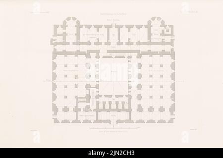 Busse Carl Ferdinand (1802-1868), Hofhaus, Elberfeld. (Aus: Atlas zur Zeitschrift für Bauwesen, hrsg. v. G. Erbkam, Jg. 2, 1852): Grundriss KG. Stich auf Papier, 28,3 x 42,6 cm (einschließlich Scankanten) Stockfoto