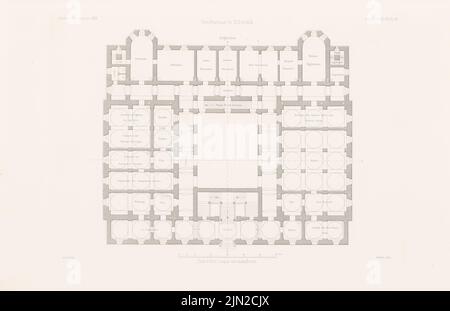 Busse Carl Ferdinand (1802-1868), Hofhaus, Elberfeld. (Aus: Atlas zur Zeitschrift für Bauwesen, hrsg. v. G. Erbkam, Jg. 2, 1852): Grundriss EG. Stich auf Papier, 27,5 x 42,5 cm (einschließlich Scankanten) Stockfoto