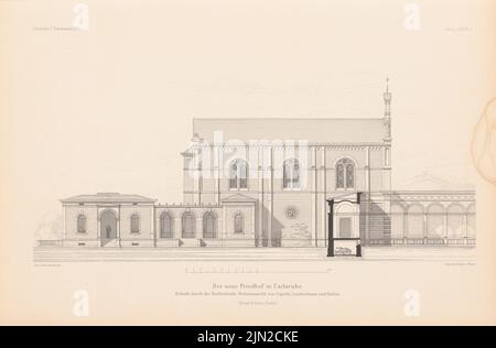 Durm Joseph (1837-1919), Neuer Friedhof, Karlsruhe. (Aus: Atlas zur Zeitschrift für Bauwesen, hrsg. v. G. Erbkam, geb. 30, 1880): Seitenansicht Kapelle. Leichenhaus und Hallen, durch die Krabben geschnitten. Druck auf Papier, 27,8 x 42,4 cm (einschließlich Scankanten) Stockfoto