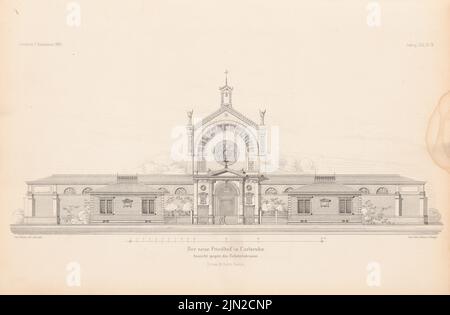 Durm Joseph (1837-1919), Neuer Friedhof, Karlsruhe. (Aus: Atlas zur Zeitschrift für Bauwesen, hrsg. v. G. Erbkam, Jg. 30, 1880): Blick von der Straße. Druck auf Papier, 27,9 x 42,6 cm (einschließlich Scankanten) Stockfoto