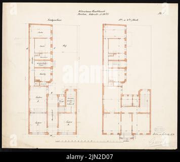 Knoblauch & Wex, Houses Ritterstraße 61-65, Berlin: Knoblauch Nr. 65: Grundriss EG, 1. und 2.. Tinte, Bleistift, Wasserfarben auf Papier, 47 x 55,8 cm (einschließlich Scankanten) Stockfoto