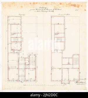 Knoblauch & Wex, Houses Ritterstraße 61-65, Berlin: Knoblauch Nr. 65: Grundriss EG, 1. und 2.. Tinte, farbig, Aquarell auf transparent, 48,2 x 46,4 cm (einschließlich Scankanten) Stockfoto