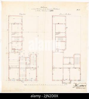 Knoblauch & Wex, Houses Ritterstraße 61-65, Berlin: Knoblauch Nr. 65: Grundriss EG, 1. und 2.. Tinte, farbig, Aquarell auf transparent, 48,7 x 46,6 cm (einschließlich Scankanten) Stockfoto