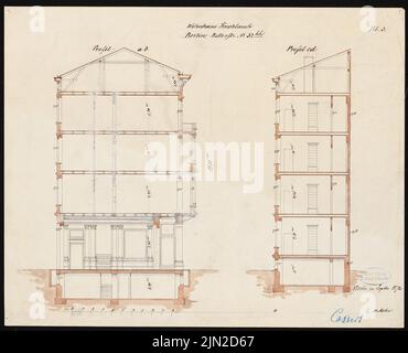 Knoblauch & Wex, Ritterstraße 61-65 Wohngebäude: Knoblauch Nr. 65: 2 Schnitte. Tinte, Tinte farbig, Aquarell auf Papier, 33 x 40,7 cm (einschließlich Scankanten) Stockfoto