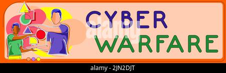 Konzeptunterschrift Cyber Warfare. Geschäftsidee Virtueller Krieg Hacker System greift digitalen Dieb Stalker an zwei Kollegen sprechen über die jüngsten Crutial Stockfoto
