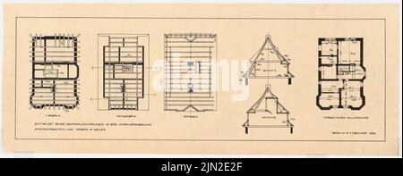 Knoblauch, Arnold & Knoblauch, Gustav, Reihenhäuser und Einfamilienhäuser von Herrn Förster, Charlottenbrunn: 1. Beah, Kehlbälk, Sparren, Träger der Kellerdecke, Schnitt I und II. Tinte auf Transparent, 28,4 x 72,1 cm (inklusive Scankanten) Stockfoto