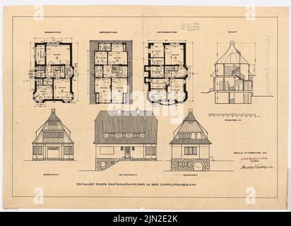 Knoblauch, Arnold & Knoblauch, Gustav, Reihenhäuser und Einfamilienhäuser von Herrn Förster, Charlottenbrunn: Grundriss EG, KG, DG, Blick von der Talseite, Blick von der Bergseite, Seitenansicht, Schnitt 1: 100. Tinte auf Transparent, 45,5 x 62,6 cm (einschließlich Scankanten) Stockfoto