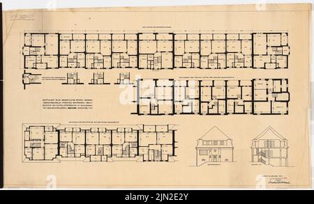 Knoblauch, Arnold & Knoblauch, Gustav, Reihenhäuser und Einfamilienhäuser von Herrn Förster, Charlottenbrunn: Grundriss EG, Grundriss DG linker Block, Seitenansicht, Schnitt 1: 100. Tinte auf Transparent, 61,5 x 101,3 cm (einschließlich Scankanten) Stockfoto