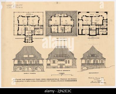 Knoblauch, Arnold & Knoblauch, Gustav, Reihenhäuser und Einfamilienhäuser von Herrn Förster, Charlottenbrunn: Grundriss EG, KG, DG, Blick von der Talseite, Blick von der Bergseite, Seitenansicht 1: 100. Tinte auf Transparent, 43,9 x 57,7 cm (einschließlich Scankanten) Stockfoto