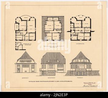 Knoblauch, Arnold & Knoblauch, Gustav, Reihenhäuser und Einfamilienhäuser von Herrn Förster, Charlottenbrunn: Grundriss EG, KG, DG, Blick von der Talseite, Blick von der Bergseite, Seitenansicht 1: 100. Tinte auf Transparent, 47,8 x 56,4 cm (einschließlich Scankanten) Stockfoto