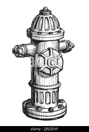 Löschhydrant isoliert. Vektorgrafik Feuerwehrbedarf. Handgezeichnete Skizze im Vintage-Gravurstil Stock Vektor