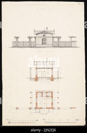 Hollin & Knoblauch, Chemiefabrik »Kanne« (Kunheim & Co.), Berlin-Niederschöneweide. Portier House: Portier Room: Grundriß, z. B. Vorderansicht, Querschnitt. Bleistift und Tinte Aquarell auf Papier, 51,8 x 35,6 cm (einschließlich Scankanten) Stockfoto