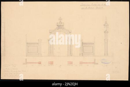 Knoblauch & Wex, Leichenhalle der Gemeinde St. Markus-und-Andreas, Berlin: Oberes, horizontal geschnittenes Portal zum Friedhof. Bleistift, wasserfarben auf Papier, 33,6 x 53,9 cm (einschließlich Scankanten) Stockfoto