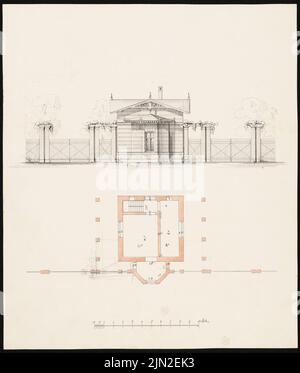 Hollin & Knoblauch, Chemiefabrik »Kanne« (Kunheim & Co.), Berlin-Niederschöneweide. Portier: Portier: Grundriß, Vorderansicht. Bleistift und Tinte Aquarell auf Papier, 37,5 x 31,9 cm (einschließlich Scankanten) Stockfoto