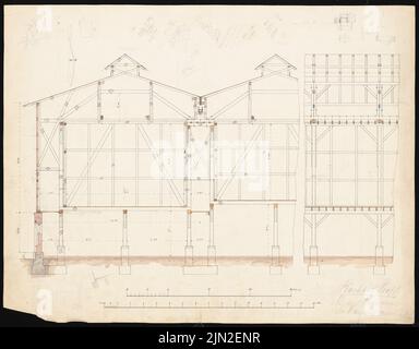 Hollin & Knoblauch, Chemiefabrik »Kanne« (Kunheim & Co.), Berlin-Niederschöneweide. Schwefelsäurefabrik: Querschnitt, Längsschnitt, Seitenskizzen. Bleistift, Tinte Aquarell auf Papier, 49,6 x 63,6 cm (einschließlich Scankanten) Stockfoto