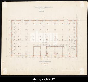 Hollin & Knoblauch, Chemiefabrik »Kanne« (Kunheim & Co.), Berlin-Niederschöneweide. Schwefelsäurefabrik: Grundriß des Kammerbodens (1.. Stock). Bleistift, Tinte Aquarell auf Papier, 53,1 x 60,7 cm (einschließlich Scankanten) Stockfoto