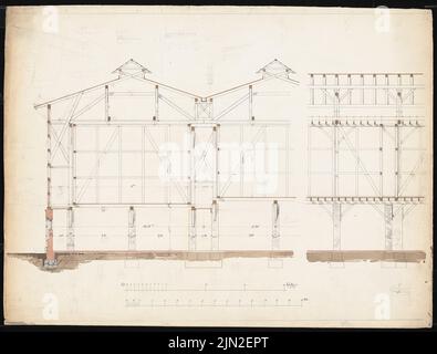 Hollin & Knoblauch, Chemiefabrik »Kanne« (Kunheim & Co.), Berlin-Niederschöneweide. Schwefelsäurefabrik: Querschnitt, Längsschnitt, Seitenskizzen. Bleistift, Tinte Aquarell auf Papier, 52,6 x 69,2 cm (einschließlich Scankanten) Stockfoto