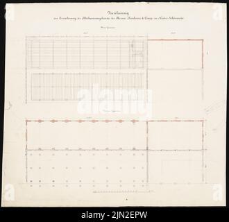 Hollin & Knoblauch, Chemiefabrik »Kanne« (Kunheim & Co.), Berlin-Niederschöneweide. Schwefelsäurefabrik: Erweiterung des Bleikammergebäudes: Grundriss EG, 1.. Etage. Bleistift, Tinte Aquarell auf Papier, 51,5 x 56,5 cm (einschließlich Scankanten) Stockfoto