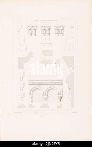 Müller F., Kirche, Pfaffen-Schwabenheim. (Aus Richtung Denkmäler d. Deutsche Architektur, Darg. V. Hessische Verein F.d. Mittelalter Mittelalter Kunstwerke, Darmstadt, Vol. 1, Atlas, 1856): Details 1:10. Lithographie auf Karton, 53,7 x 35,1 cm (inklusive Scankanten) Stockfoto