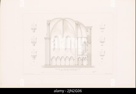 Müller F., Kirche, Pfaffen-Schwabenheim. (Aus Richtung Denkmäler d. Deutsche Architektur, Darg. V. Hessische Verein F.d. Mittelalter Mittelalter Kunstwerke, Darmstadt, Vol. 1, Atlas, 1856): Längsschnitt des Chors 1:75. Lithographie auf Karton, 34,7 x 54 cm (inklusive Scankanten) Stockfoto