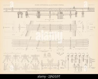 N.N., Eisenbahn- und Straßenbrücke über den Oberhafen, Hamburg. (Aus: Atlas zur Zeitschrift für Bauwesen, Hrsg. v. Ministerium für öffentliche Arbeit, Jg. 57, 1907): Ansichten, Grundrisse, Details 1: 400, 1:50. Druck auf Papier, 43,4 x 57,5 cm (einschließlich Scankanten) Stockfoto