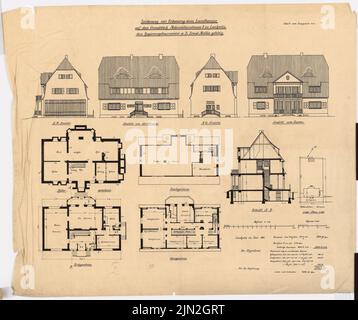 Knoblauch Gustav (1833-1916), Haus Government Builder E. Mellin, Berlin-Lankwitz: Ansichten, Grundriß, Durchschnitt 1: 100 Grundriß 1: 500. Tinte auf Transparent, 64,5 x 76,9 cm (einschließlich Scankanten) Stockfoto