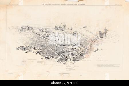 Spieker Paul (1826-1896), wissenschaftliche Institute auf dem Telegrafenberg, Potsdam. (Aus: Atlas zur Zeitschrift für Bauwesen, Hrsg. v. Ministerium für öffentliche Arbeiten, Jg. 44, 1894): Perspektivische Ansicht (Vogelansicht). Stich auf Papier, 26,5 x 42,6 cm (einschließlich Scankanten) Stockfoto