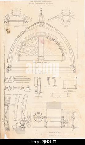 Spieker Paul (1826-1896), wissenschaftliche Institute auf dem Telegrafenberg, Potsdam. (Aus: Atlas zur Zeitschrift für Bauen, Hrsg. v. Ministerium für öffentliche Arbeit, geboren 44, 1894): Astrophysikalische Sternwarte: Grundriß, Schnitt der Kuppel, Details. Druck auf Papier, 43 x 26,4 cm (einschließlich Scankanten) Stockfoto