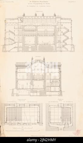 Spieker Paul (1826-1896), wissenschaftliche Institute auf dem Telegrafenberg, Potsdam. (Aus: Atlas zur Zeitschrift für Bauwesen, Hrsg. v. Ministerium für öffentliche Arbeiten, Jg. 44, 1894): Schnitt des Hauptgebäudes des Geodätischen Instituts und des Pendulums und des Compersales. Stich auf Papier, 42,9 x 26,1 cm (einschließlich Scankanten) Stockfoto