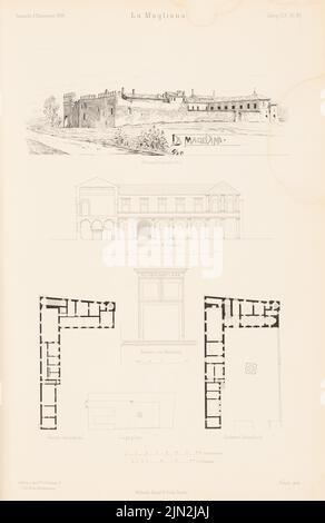 Schulze Friedrich Otto (1846-1892), päpstliches Jagdschloss La Magliana, Rom. (Aus: Atlas zur Zeitschrift für Bauwesen, Hrsg. v. Ministerium für öffentliche Arbeit, Jg. 45, 1895): Perspektivische Ansicht, Grundrisse, Schnitt. Stich auf Papier, 42,8 x 27,8 cm (einschließlich Scankanten) Stockfoto