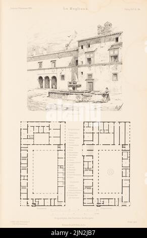 Schulze Friedrich Otto (1846-1892), päpstliches Jagdschloss La Magliana, Rom. (Aus: Atlas zur Zeitschrift für Bauwesen, Hrsg. v. Ministerium für öffentliche Arbeiten, Jg. 45, 1895): Perspektivische Ansicht des Gerichts, Grundrisse EG, Etage. Stich auf Papier, 43,1 x 27,9 cm (einschließlich Scankanten) Stockfoto