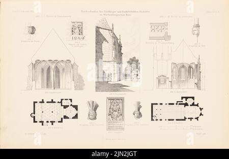 Gebhardt Fr., Kirchengebäude der Nördlinger und Dinkelbühler Bauhütte. Kirchen, Röttingen, Thannhausen. (Aus: Atlas zur Zeitschrift für Bauwesen, Hrsg. v. Ministerium für öffentliche Arbeiten, Jg. 52, 1902): Ansichten, Grundrisse, Schnitte, Details. Stich auf Papier, 29,6 x 45,4 cm (einschließlich Scankanten) Stockfoto