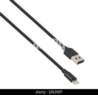 Kabel mit USB- und Lightning-Anschluss, isoliert auf weißem Hintergrund Stockfoto