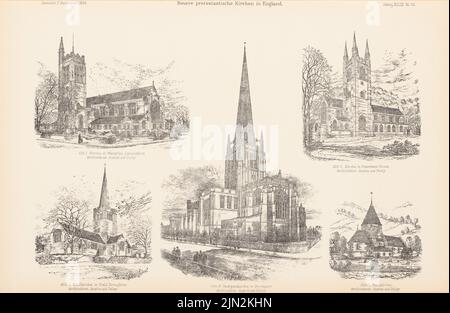 Austin & Paley, neuere evangelische Kirchen in England. (Aus: Atlas zur Zeitschrift für Bauwesen, Hrsg. v. Ministerium für öffentliche Arbeit, Jg. 49, 1899): Perspektivische Ansichten der Kirchen in Waterloo, Crawshaw Booth, Field Broudton, Stockport. Druck auf Papier, 28,2 x 43,2 cm (einschließlich Scankanten) Stockfoto