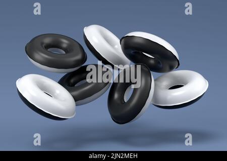 Bunte aufblasbare Ringe fliegen auf schwarz-weißem Hintergrund. 3D Rendering von Sommerurlaub Konzept und Urlaub Stockfoto