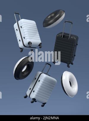 Bunte Koffer- oder Gepäckaufblasringe fliegen auf schwarzem und weißem Hintergrund. 3D Rendering von Sommerurlaub Konzept und Urlaub Stockfoto