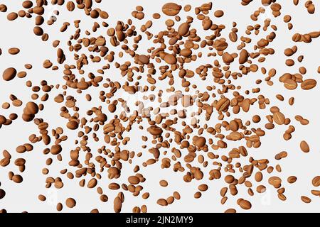 Fallende Kaffeebohnen Muster weißen Hintergrund isoliert Schatten 3D Rendering. Fliegende schwimmende arabica-Körner Espresso Latte Cappuccino heiße Getränke Verkauf. Stockfoto